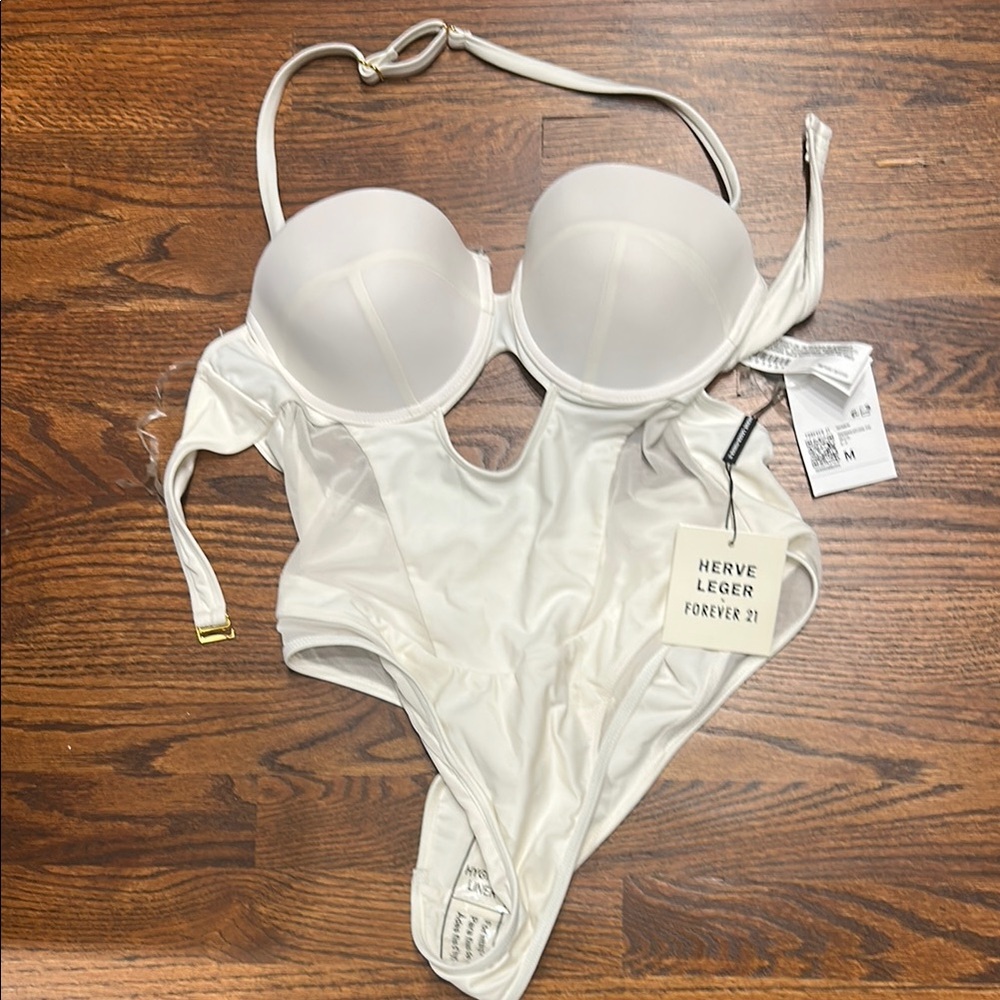 Herve Leger forever 21 White One Piece mesh Swimsuit NEW NWT